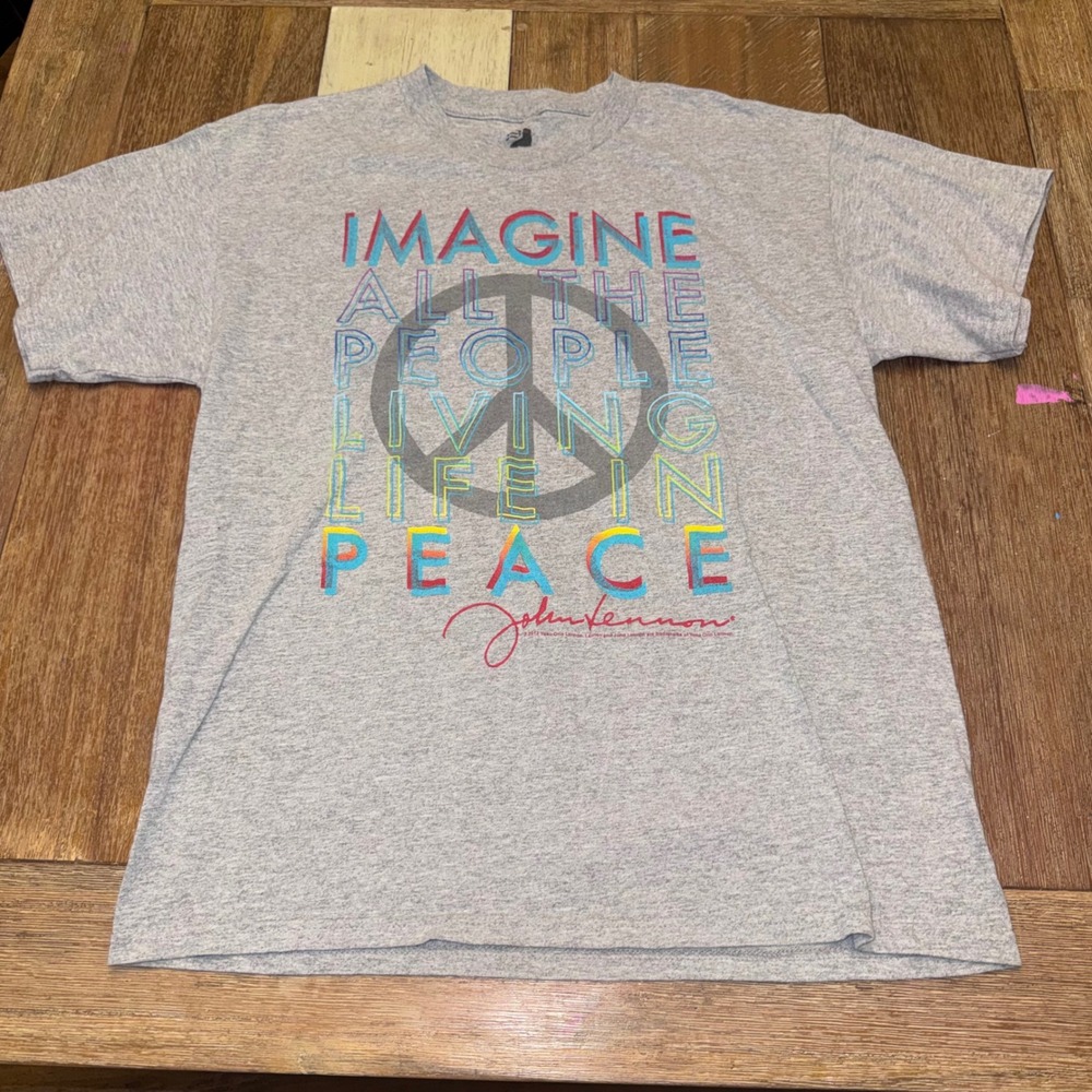 Zion John Lennon T Shirt Mens L Gray Excellent Imagine Peace Sign Lyrics 2012